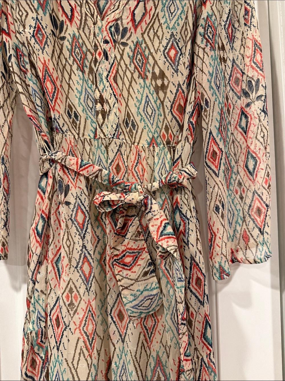 Velvet by Graham & Spencer Cream Boho Midi Dress with Coral & Teal Diamond sm - Picture 3 of 7